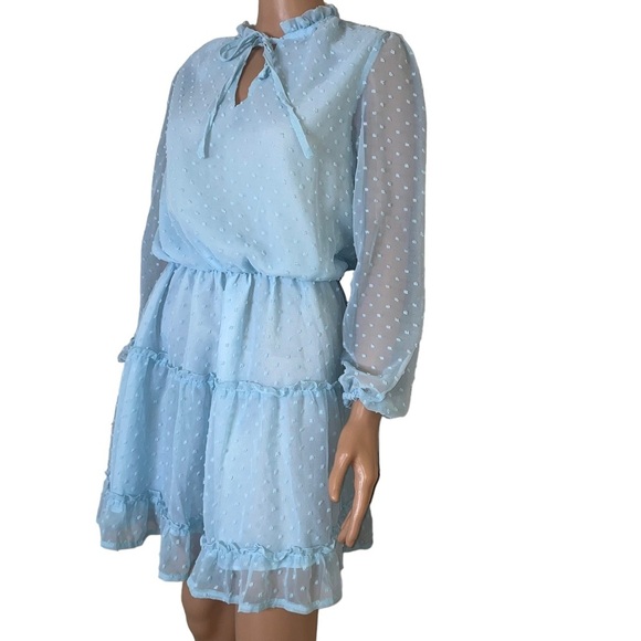 Dress swiss dot baby blue long puff sleeve tiered lined elastic waist SZ SM mini - Picture 4 of 9